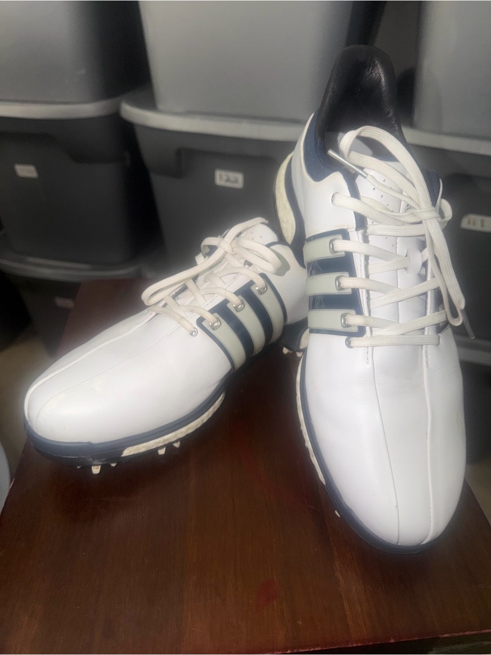 Adidas Men BOOST White /Blue Athletic Golf Shoes with Navy Stripes(127)